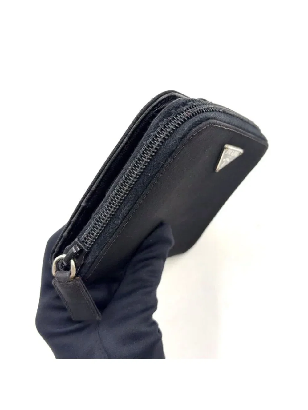 Prada Zip Around Leather Nylon Black Wallet Silver